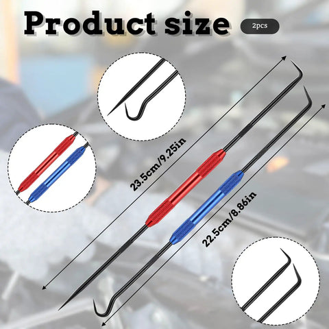 Top Shelf Heavy Duty 9 Inch Double Pointed Scribe Set Featuring Tough Carbide Steel Tips For Sharp Welding And Glass Etching Includes Dual Color Coded Scribers For Quick Metal Or Ceramic Marking Jobs Any Day; size and details of scribing tools displayed.