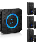 Waterproof Wireless Door Alarm With Adjustable Volume Chime For Home Or Business 1000 Ft Range 55 Melodies And 3 Alarms Sensor Plus Plug In Receiver Easy To Install Black Dope Door Security System showing black receiver with blue chime light and three waterproof sensors.