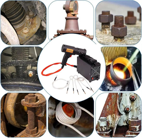 Heavy Duty 1500W Induction Bolt Heater With Magnetic Coils To Kick Loose Frozen Nuts And Bearings alongside rusty bolts and repair components.