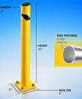 Tough As Nails 42 Inch Yellow Steel Bollard Rugged Powder Coated Traffic Barrier For Parking Garages And Warehouses 12 Gauge Impact Resistant Guard Post with dimensions and details.
