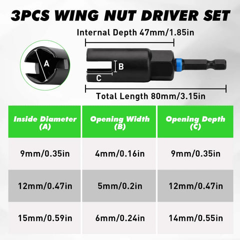 No Sweat 3 Piece Wing Nut Driver Set With 9mm 12mm And 15mm Sizes Features Slick Quarter Inch Hex Shank For Quick Eye Bolt Assembly Easy Wire Twisting And Heavy Duty Fastener Jobs