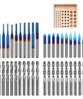 Forty Piece Pro Grade End Mills CNC Router Bit Set With Storage Tray One Eighth Inch Shank Includes Two Flute Flat Nose Ball Nose And V Bit With Nano Blue Coating For Sharp Engraving Carving And Cutting.