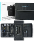 Front view of Creality 3D Printer Tool Wrap Kit Pro, 74pcs, opened toolkit in black carry case.