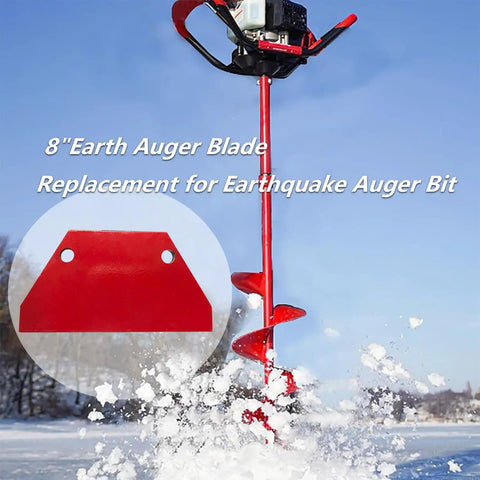 Durable 8 Inch Tungsten Carbide Coated Auger Blade Replacement Kit with red blade and snow-covered drill auger in use