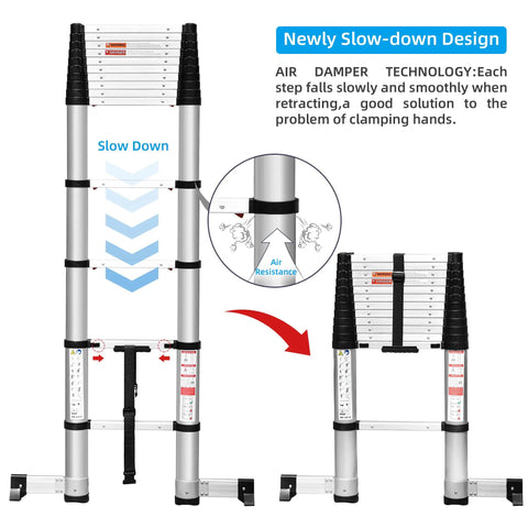 Air damper design feature of Twelve Point Five Foot One Button Retraction Telescoping Ladder Aluminum Lightweight Extension Ladder