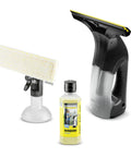 Kärcher WV 1 electric window vacuum squeegee with 10-inch head in black; includes yellow cleaner and microfiber pad