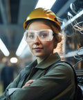 Person wearing 100 Pairs Safety Goggles Anti Fog Protective Glasses Clear Over Glasses Anti Scratch Eye Protection in construction setting