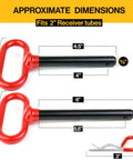 Five Eighths Inch Trailer Hitch Pin Set With Four Inch And Five And One Half Inch Shanks Zinc Plated Rubber Vinyl Grip Handles Includes Four Clips Fits Two Inch Receivers No Hassle Towing Accessory For Easy Install And Secure Fit dimensions and red handles