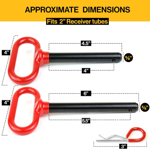 Five Eighths Inch Trailer Hitch Pin Set With Four Inch And Five And One Half Inch Shanks Zinc Plated Rubber Vinyl Grip Handles Includes Four Clips Fits Two Inch Receivers No Hassle Towing Accessory For Easy Install And Secure Fit dimensions and red handles