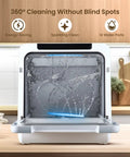 No Plumbing Headache Game Changer Countertop Dishwasher With Eight Knockout Clean Cycles showing water spray and blue light.