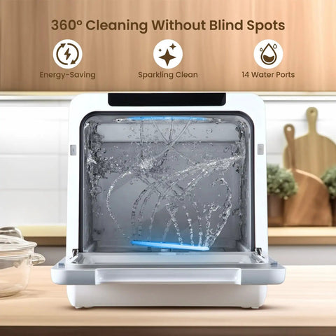 No Plumbing Headache Game Changer Countertop Dishwasher With Eight Knockout Clean Cycles showing water spray and blue light.
