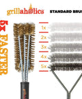 Soft Bristle Brass Grill Brush with side by side comparison to standard brush showing 5x faster cleaning efficiency