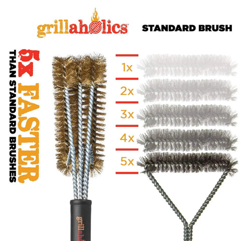 Soft Bristle Brass Grill Brush with side by side comparison to standard brush showing 5x faster cleaning efficiency