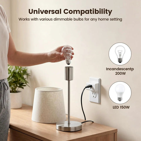 Gotta Love This Dimmer Plug With Remote Control For Lamps And Table Lights Total Game Changer showing a person installing a light bulb.