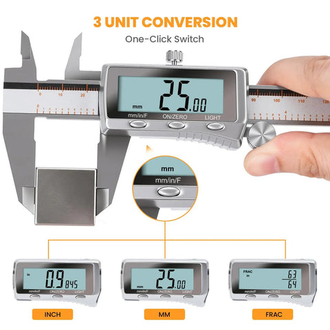 Beefy Rechargeable Digital Caliper With Backlit LCD All Metal Measuring Tool Auto Off Inch mm Fraction 6 Inch display