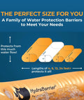 Diagram showing sizes of Beefy Lightweight Reusable Flood Barrier Kit with water flow protection and lengths of 4, 6, 12, 24 feet.