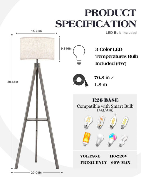 Solid Wood Tripod Floor Lamp With Built In Table And Corner Shelf Mid Century Modern Reading Lamp With Drum Shade Tall Brown Floor Lamp For Living Room Bedroom Or Office LED Bulb Included