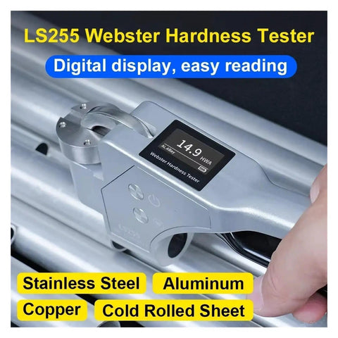 High Performance Digital Hardness Tester Designed For Hella Accurate Metal Testing On Steel And Aluminum Incorporating Auto Lock Readout And Six Versatile Measurement Scales, showcasing digital display and operation on stainless steel.