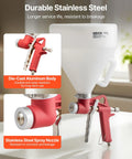Professional Air Texture Spray Gun With 1.45 Gallon Hopper And Swappable Nozzles For Straight Up Smooth Popcorn Knockdown And Orange Peel Drywall Texturing That Works Like A Charm, showcasing die-cast aluminum body and stainless steel nozzle.