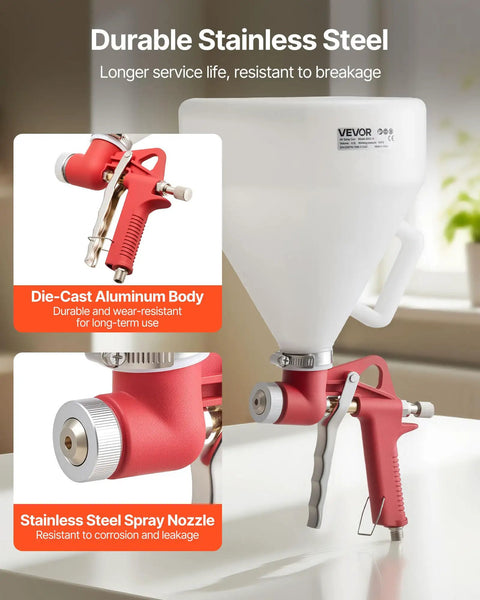 Professional Air Texture Spray Gun With 1.45 Gallon Hopper And Swappable Nozzles For Straight Up Smooth Popcorn Knockdown And Orange Peel Drywall Texturing That Works Like A Charm, showcasing die-cast aluminum body and stainless steel nozzle.