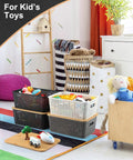 Top Tier Stackable Storage Bins With Bamboo Lids Set Of Six Heavy Duty Bpa Free Plastic Baskets for kids' toys in a playroom.