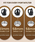 Vertical Electric Espresso Portafilter Cleaner With Knock Box Combo Auto Ground Removal For Home And Cafe Baristas Smooth Daily Grind Cleanup Universal Fit Quick Dump Station showing portafilter basket sizes.