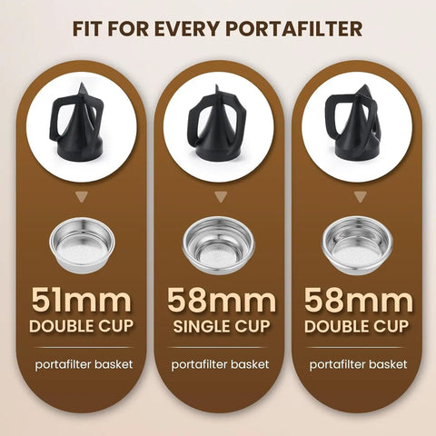 Vertical Electric Espresso Portafilter Cleaner With Knock Box Combo Auto Ground Removal For Home And Cafe Baristas Smooth Daily Grind Cleanup Universal Fit Quick Dump Station showing portafilter basket sizes.