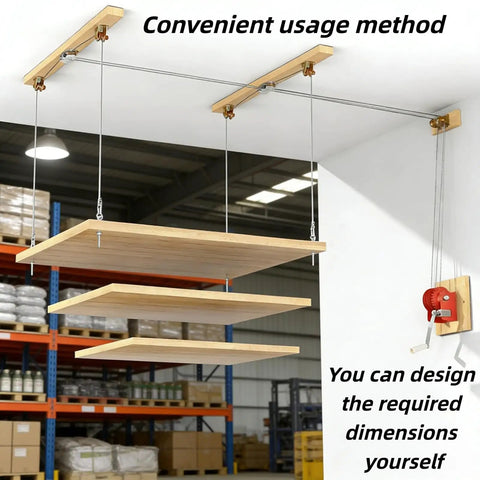 Beefed Up Heavy Duty Ceiling Mounted Garage Storage Lift System With 300 Lb Capacity, wood shelves, metal cables.