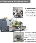 Heavy Duty Benchtop Mini Metal Lathe With Fast Gears For Straight Up Precision And No Sweat Metric Imperial Setup On A Sturdy 8 By 32 Bed powered with 4-way tool post and accurate tailstock.