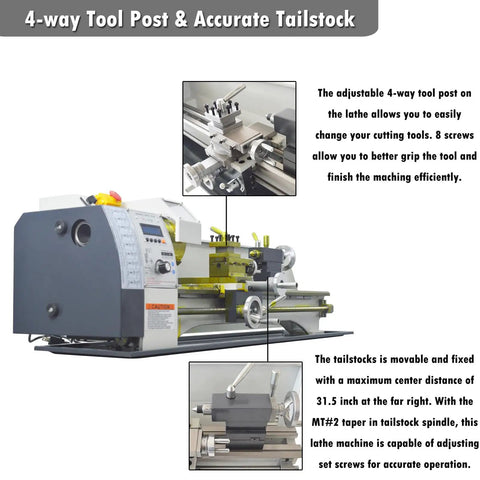Heavy Duty Benchtop Mini Metal Lathe With Fast Gears For Straight Up Precision And No Sweat Metric Imperial Setup On A Sturdy 8 By 32 Bed powered with 4-way tool post and accurate tailstock.