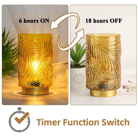 Cordless Battery Powered Table Lamp With LED Bulb And Timer Delivers A Lit Glow Leaf Veined Glass Nightlight In Soft Yellow With Gold Base