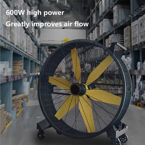 Rugged Heavy Duty Metal Floor Fan Blasting High Velocity Air And Smooth 360 Adjustable Tilt in a warehouse setting.