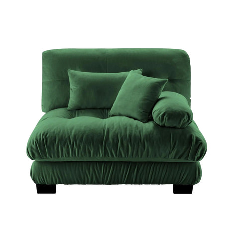 Modern Green Tufted Modular Sofa Chair Right Facing Armless Sectional Module With Fluffy Accent Pillows angled view with plush chenille.