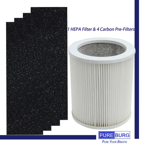 Premium H13 True HEPA Replacement Filter Kit for Hunter HP400 Air Purifier showing HEPA and activated carbon pre-filters.