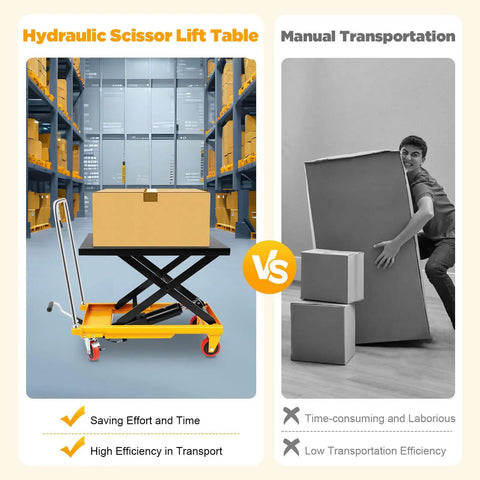 Heavy Duty Hydraulic Lift Table Cart With Smooth Rolling Locking Casters And Quick Fold Design, showing hydraulic lift in warehouse.