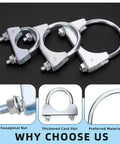 Beefy 2 Pack 54mm Muffler Exhaust U Clamps With Saddle Flange for tail pipe install, showing stainless steel and hexagonal nuts.