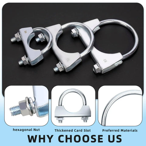 Beefy 2 Pack 54mm Muffler Exhaust U Clamps With Saddle Flange for tail pipe install, showing stainless steel and hexagonal nuts.