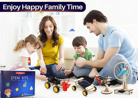 Family enjoying Hands On Solar And Wind STEM Kits For Kids Aged 8 9 10 11 12 Build A Solar Car Plane Wind Powered Car And Electric Fan
