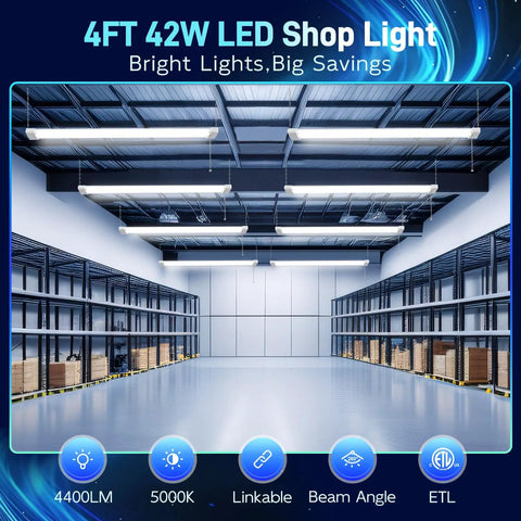 Bright 4Ft Led Shop Light 5000K Daylight 42W 4400 Lumens Linkable Ceiling Fixture For Garages Workshops Basements With Power Cord And Pull Chain ETL Certified No Fuss Flush Mount Or Hanging 1 Pack