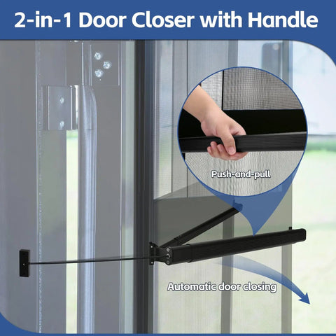 2-in-1 RV Screen Door Closer With Integrated Handle And Adjustable Tension Bar for camper, trailer, or motorhome shown installed