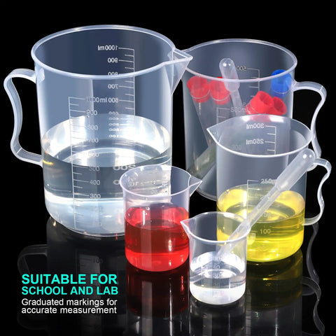 Classroom Science Kit With Plastic Graduated Cylinders And Beakers Set, 10ml to 1000ml Beakers Visible with Various Liquids