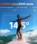 Man surfing, showcasing Dope Dual Lens 4K Action Cam With 20MP Photos 6 Axis EIS Stabilization 8X Zoom Dual IPS Screens 145° view
