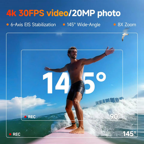 Man surfing, showcasing Dope Dual Lens 4K Action Cam With 20MP Photos 6 Axis EIS Stabilization 8X Zoom Dual IPS Screens 145° view