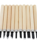 Pro Grade Ten Piece Wood Carving Chisel Set Forged From Heat Treated Chrome Vanadium Steel With Comfortable Wooden Handles, showing ten chisels.