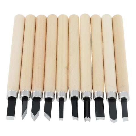 Pro Grade Ten Piece Wood Carving Chisel Set Forged From Heat Treated Chrome Vanadium Steel With Comfortable Wooden Handles, showing ten chisels.