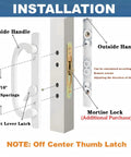 Installation guide for Snazzy Zinc Diecast Sliding Door Handles showing inside and outside handles and mortise lock.
