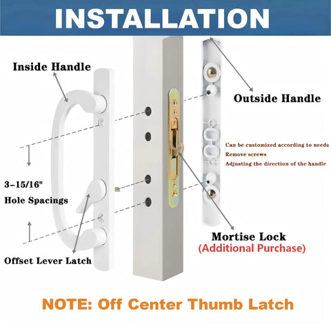 Installation guide for Snazzy Zinc Diecast Sliding Door Handles showing inside and outside handles and mortise lock.