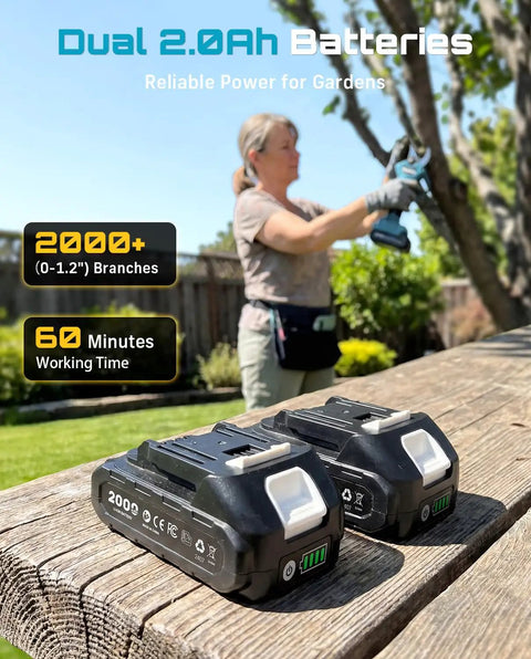 Woman using Cordless Pruning Shears For Garden, 1.2 Inch Cutting with brushless motor, visible dual 2000mAh batteries in foreground.