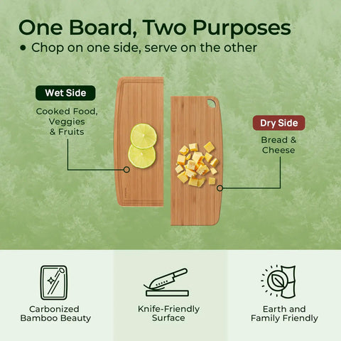 Dishwasher Safe Carbonized Bamboo Cutting Board With Juice Groove For Fruit Veggies And Cheese, dual-sided design.