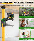 4x360 Degree Self Leveling Laser Level With Tripod And Pole, Green Line 360 Degree Laser, Boss-Level Precision Horizontal And Vertical Alignment, 2 Li-ion Batteries, Great For Picture Hanging, Tile, And Home Renovation. Adjustable pole and tripod kit for ceiling installation and tiling